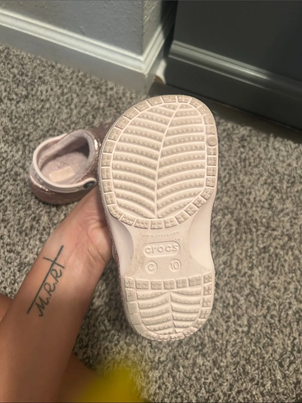 CROCS Kids Glitter Clog in Rose Gold with Light Pink Strap